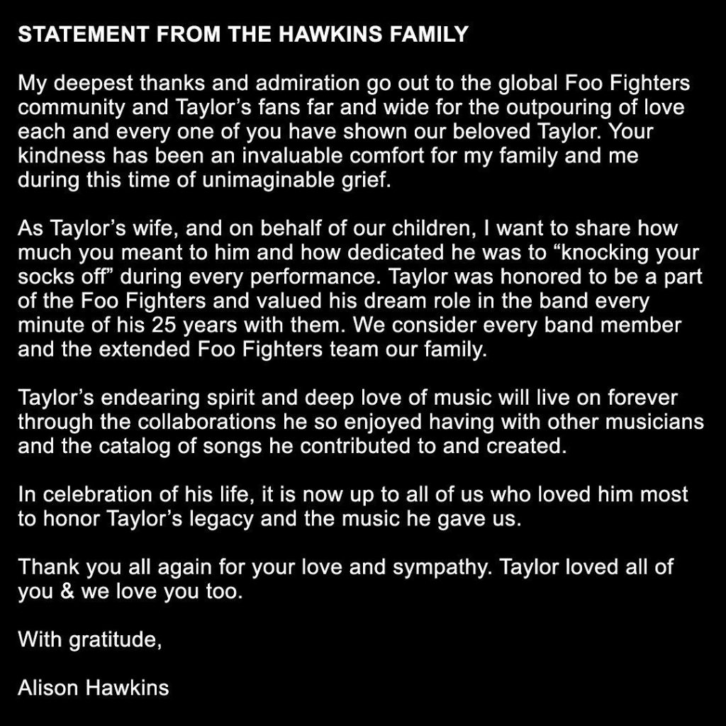 Message from Taylor Hawkins family
