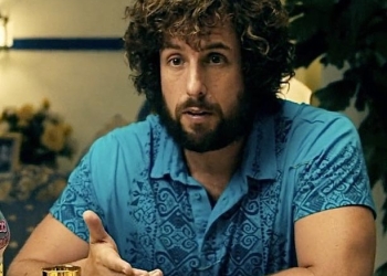 Adam Sandler in sky blue print collared T-shirt